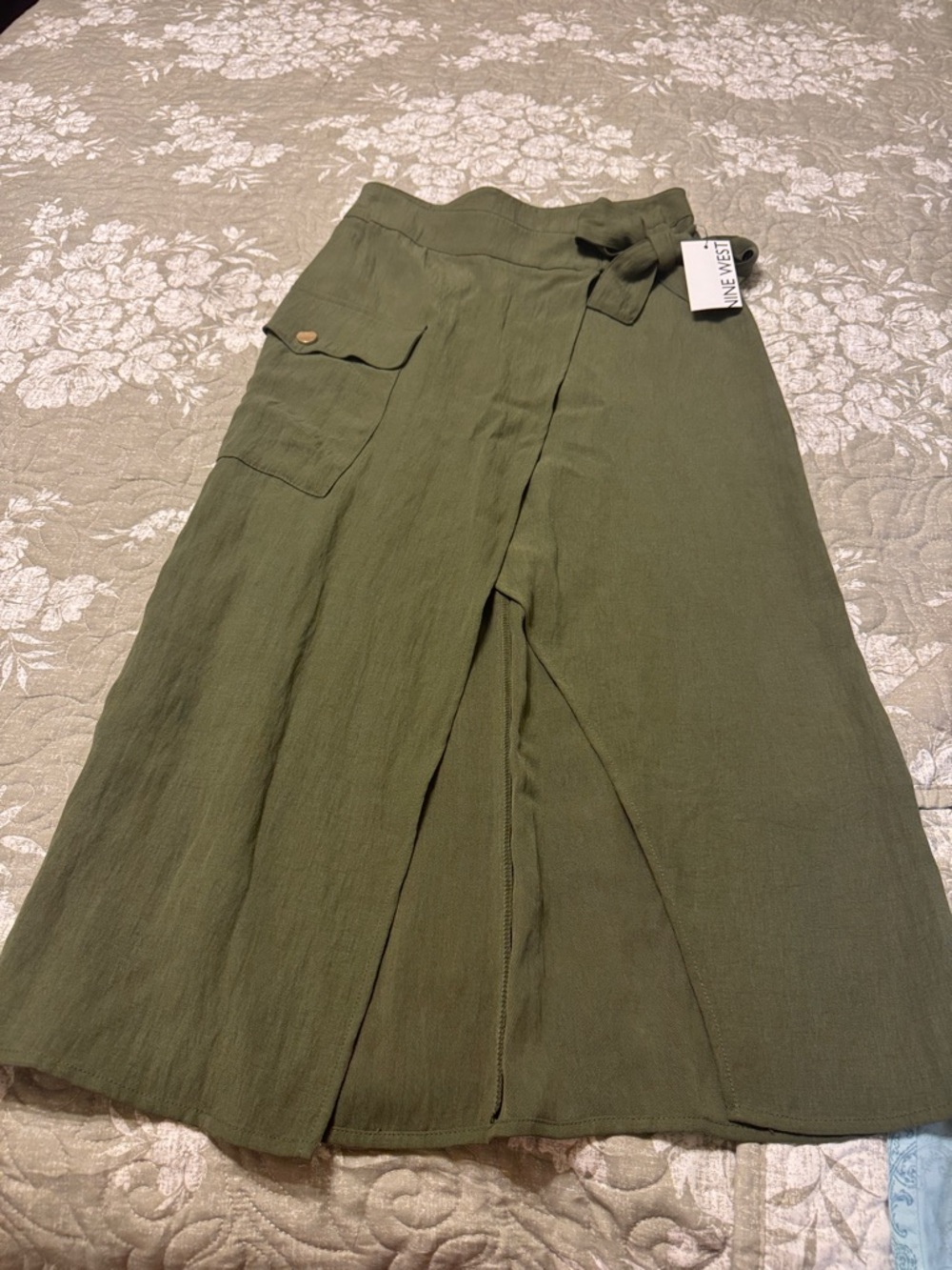 Nine West Olive Wrap-Front Midi Skirt with Pocket